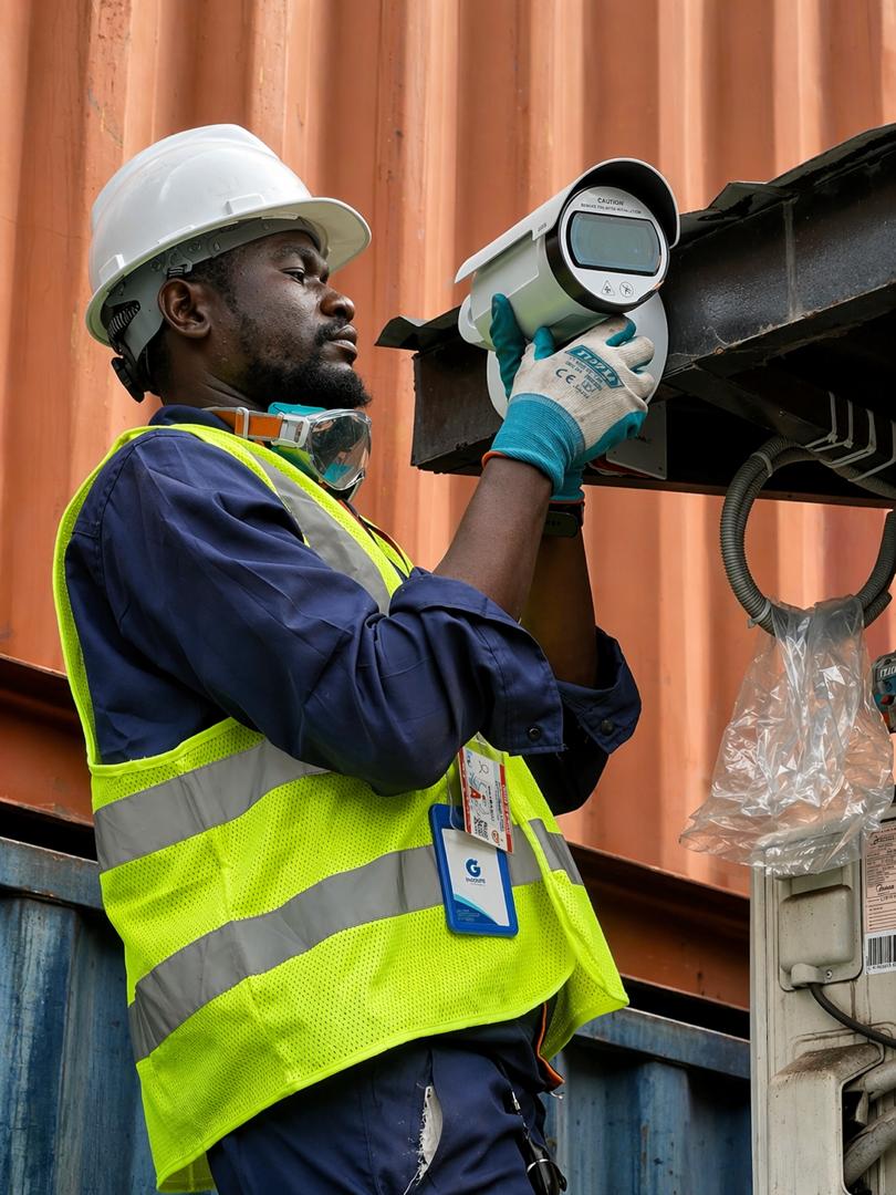 Technicien HCE installant une caméra extérieure de sécurité électronique.